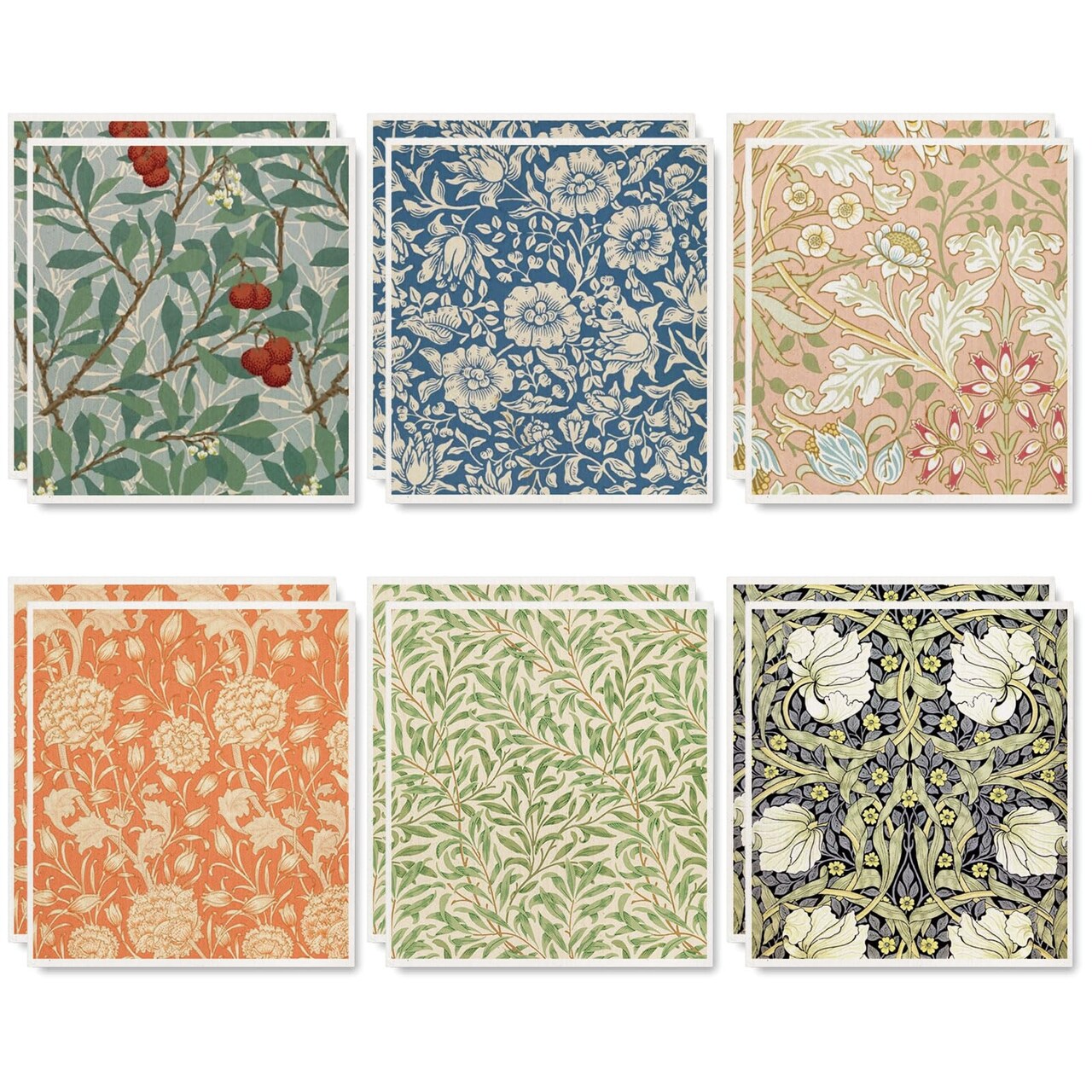 12 Pcs William Morris Floral Swedish Dishcloths Vintage Greenery Flower Kitchen Towels Reusable Cotton Absorbent Dish Towels for Home Housewarming Cleaning, 7 x 8 Inch